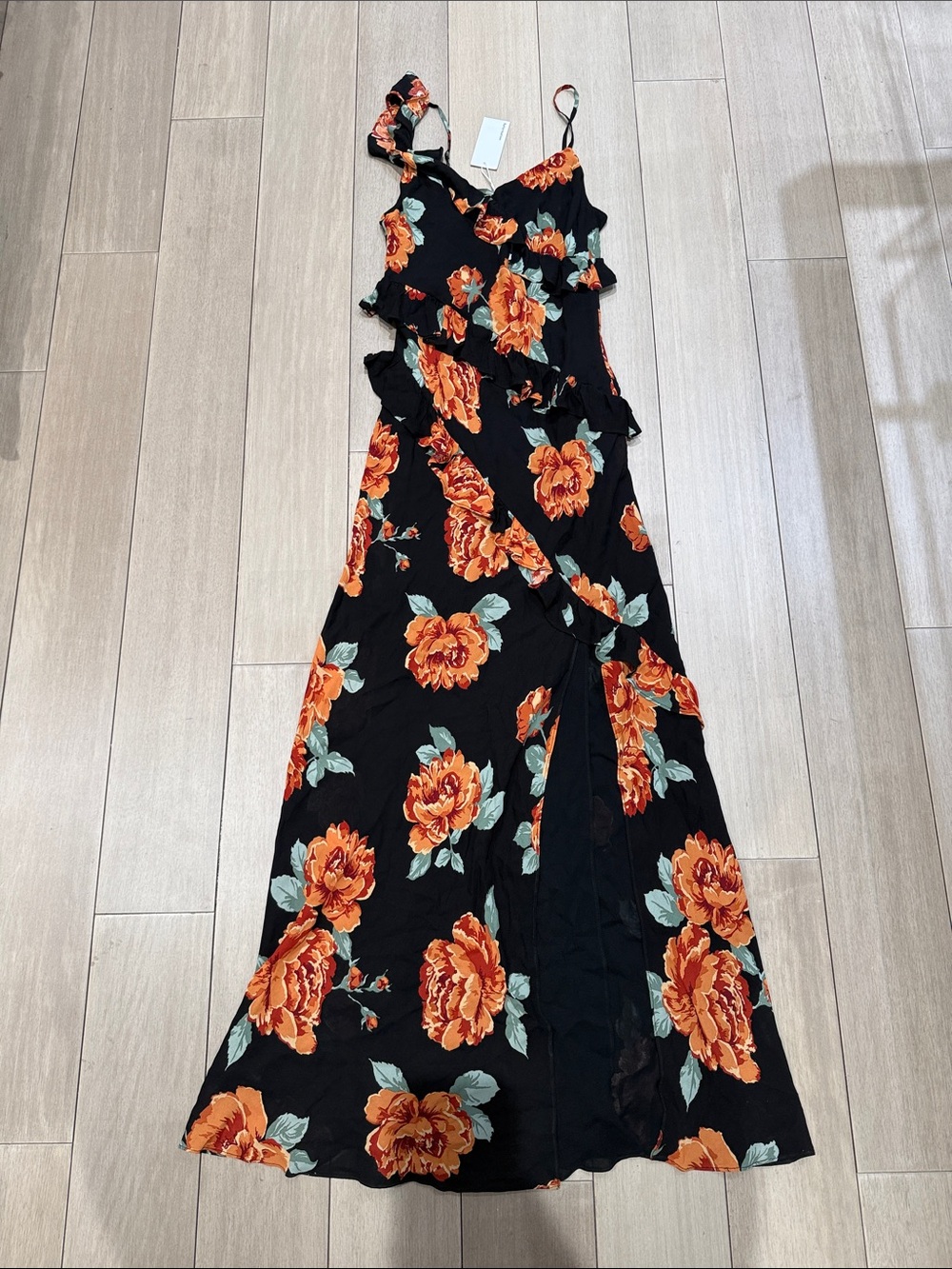 Reformation Elysia Dress Consuelo Ruffle Maxi Dress - Black with Orange Bloom